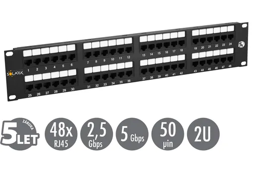 19" patch panel Solarix 48 x RJ45 CAT5E UTP 150 MHz černý 2U SX48-5E-UTP-BK