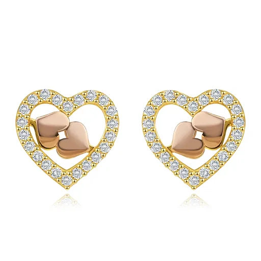 Náušnice ze 14karátového kombinovaného zlata - srdíčka, čiré zirkony, puzetky