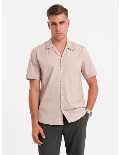 Pánské tričko s krátkým rukávem a kubánským límečkem - světle hnědé V6