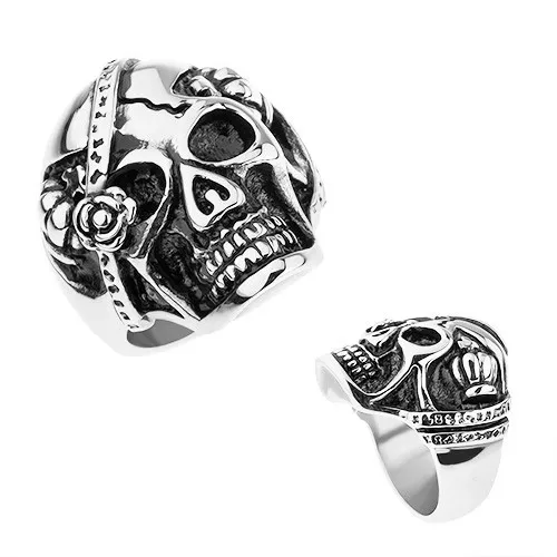 Ocelový prsten stříbrné barvy, lebka s páskou přes oko, královské koruny - Velikost: 56