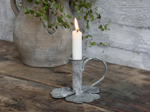 Zinkový antik svícen na úzkou svíčku Leaves - 13*12*9cm Chic Antique