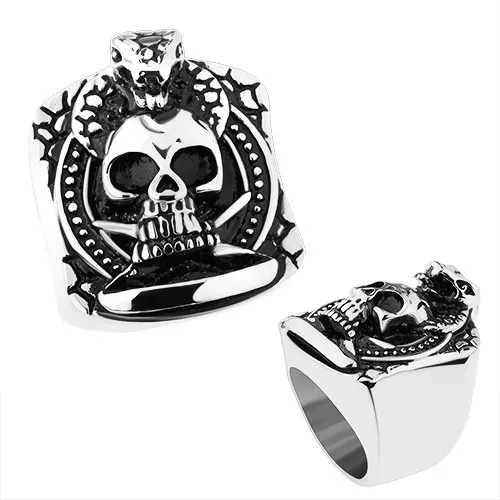 Prsten z oceli 316 L, stříbrná barva, patinovaná lebka, praskliny, kobra - Velikost: 66