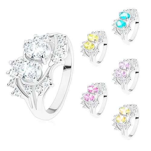 Prsten stříbrné barvy, zahnuté konce ramen, blýskavé čiré a barevné zirkony - Velikost: 61, Barva: Čirá