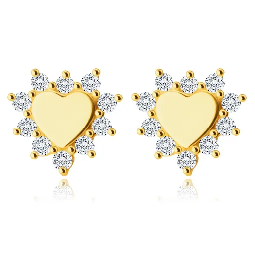 Zlaté 14K náušnice - malé srdíčko lemované okvětními lístky, vykládané čirými zirkony