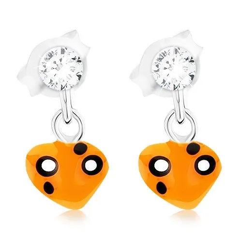 Stříbrné 925 náušnice s puzetovým zapínáním, oranžové srdíčko, krystalek