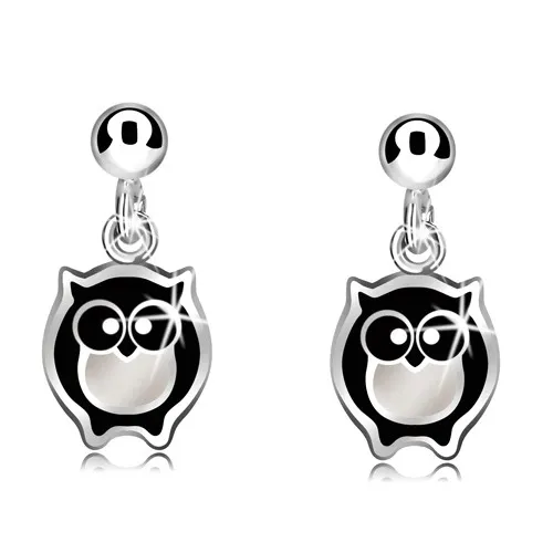 Stříbrné náušnice 925 - moudrá sovička s černo-bílou glazurou a kulička