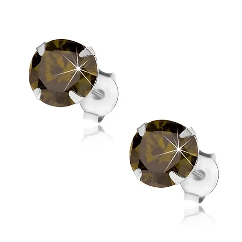 Stříbrné 925 náušnice, kulatý blýskavý zirkon zelené barvy, 7 mm