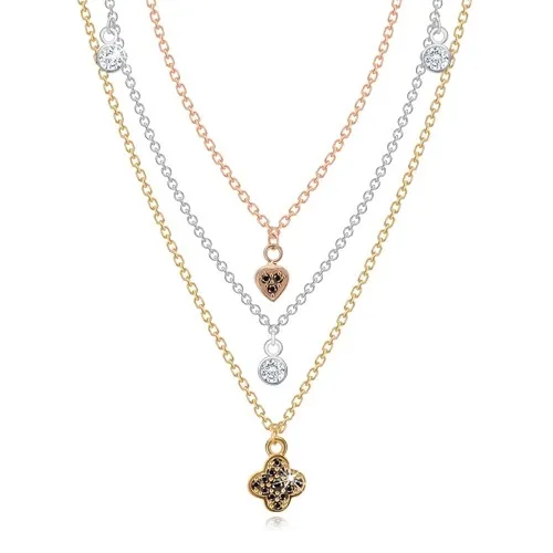 Stříbrný náhrdelník 925 - trojbarevné řetízky s přívěsky, čiré a černé zirkony