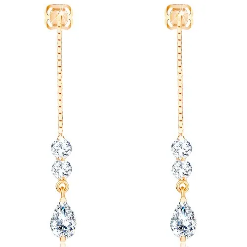 Zlaté náušnice 14K s řetízkem a kulatým i kapkovým zirkonem