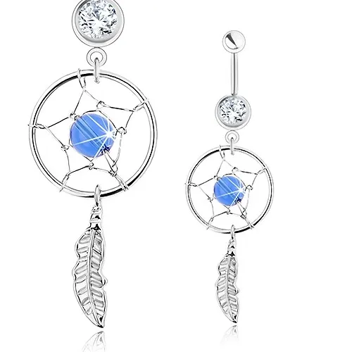 Piercing do bříška, chirurgická ocel, lapač snů, čirý zirkon, modrý korálek