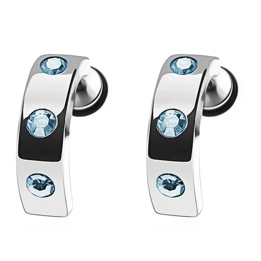 Ocelový fake plug do ucha - pruh, bleděmodré zirkony