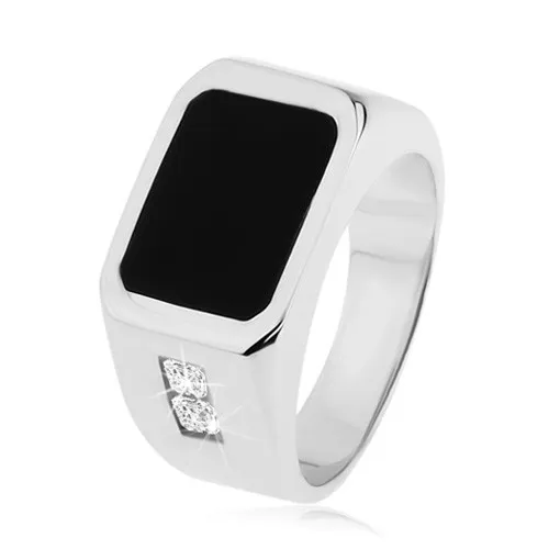 Prsten ze stříbra 925, černý glazovaný obdélník, čiré zirkony na ramenech - Velikost: 66