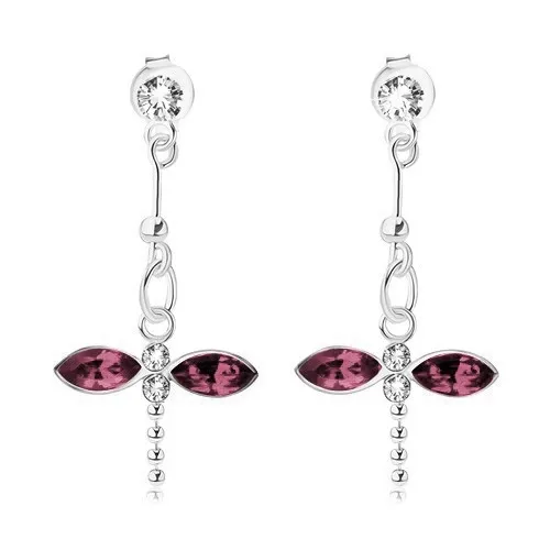Stříbrné náušnice 925, vážka z krystalků Swarovski - fialový a čirý odstín
