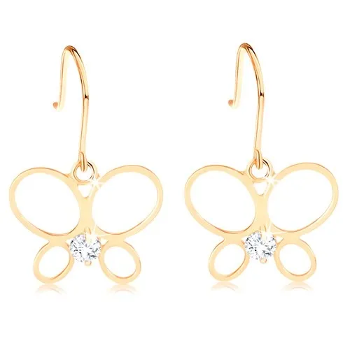 Náušnice ve žlutém 14K zlatě - tenký obrys motýla, kulatý diamant čiré barvy