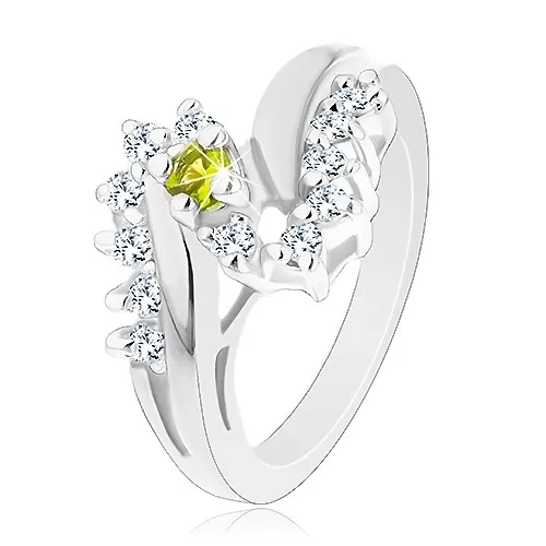 Prsten ve stříbrném odstínu, zelený kulatý zirkon, čirá zirkonová linie - Velikost: 49