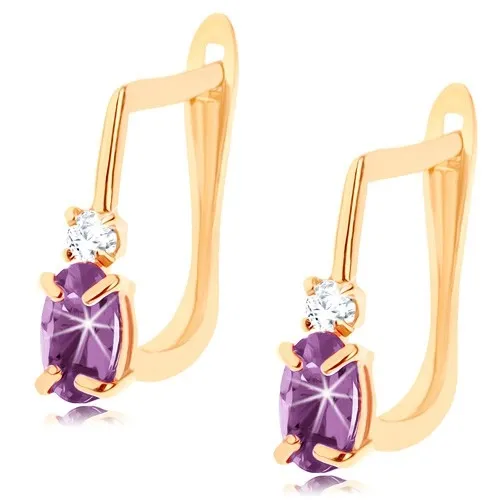 Zlaté náušnice 14K se syntetickým fialovým ametystem a čírym zirkonem