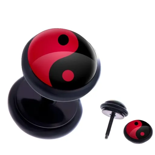 Fake plug do ucha z oceli - červeno-černý symbol Jin a Jang
