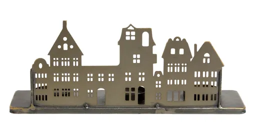 Mosazný antik kovový svícen na čajovky s domky Canie - 30*8*12 cm 71119113