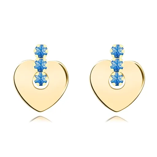 Zlaté náušnice 14K srdce a modré zirkony v řadě