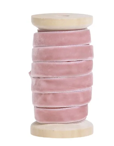 Růžová sametová stuha na dřevěné cívce - 1 cm * 5 m Chic Antique