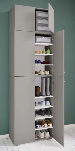 VCM Botník Lona XXL s 9 přihrádkami, otočné dveře s nástavcem, šedý