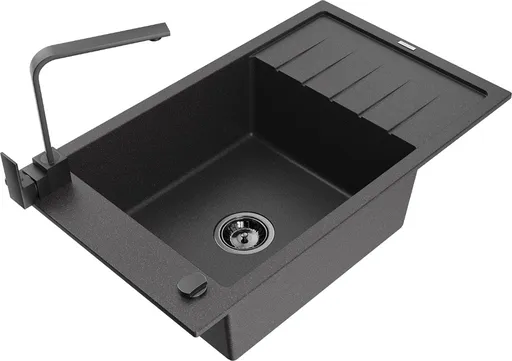 MEXEN/S Elias granitový dřez 1-miska s odkapávačem včetně baterie Rita, černý kropenatý 6511-76-670300-70-B