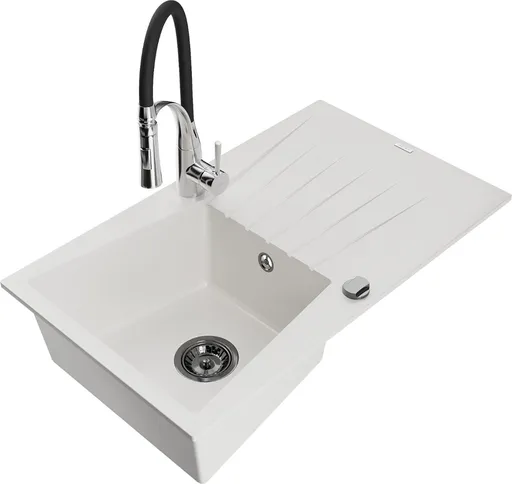 MEXEN/S Cesar granitový dřez s odkapávačem včetně baterie Aster, bílá 6514-20-73450-07-B