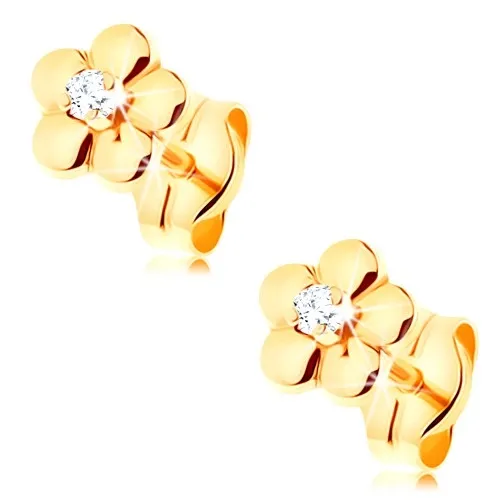 Zlaté náušnice 585 - malý lesklý kvítek, vyvýšený čirý zirkonek uprostřed