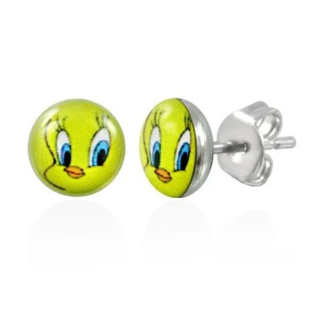 Náušnice z chirurgické oceli - ptáček Tweety, čirá glazura, puzetky