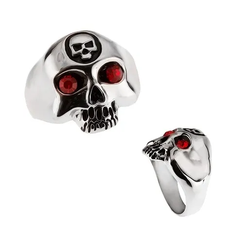 Ocelový prsten - lebka s menší lebkou na čele - Velikost: 59
