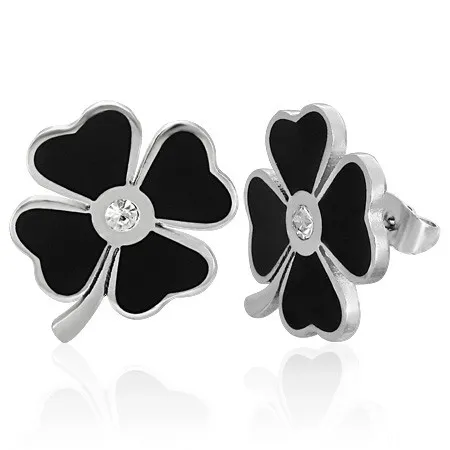 Náušnice z oceli 316L, černý glazovaný čtyřlístek pro štěstí