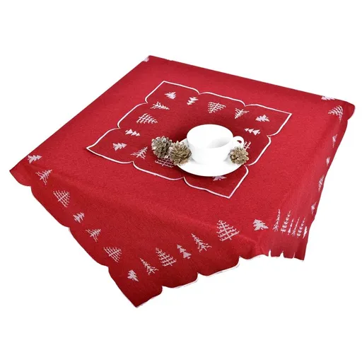 Ubrus Vánoční, Vyšívané stromečky, červený pr. 35 cm