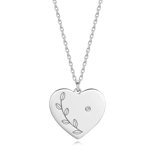Stříbrný náhrdelník 925 - briliant, ploché srdce, gravírované listy