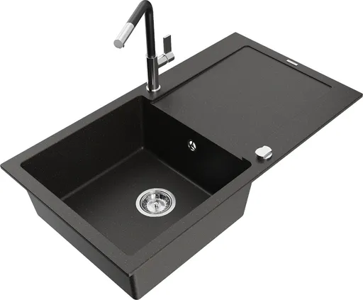 MEXEN/S Leo granitový dřez 1 s odkapávačem včetně baterie Flora, černá/zlatá metalik 6501-75-670401-07