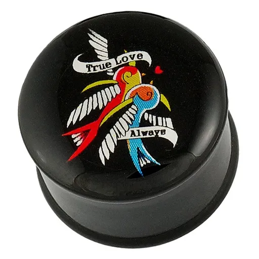 Plug do ucha - dva ptáčci, stužka a zamilovaný nápis - Tloušťka piercingu: 10 mm