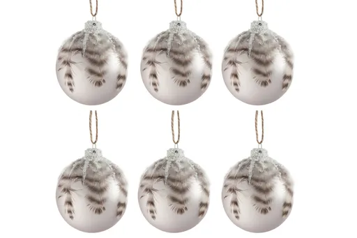 6ks vánoční šedá antk skleněná ozdoba s peříčky S - Ø 8 cm J-Line by Jolipa