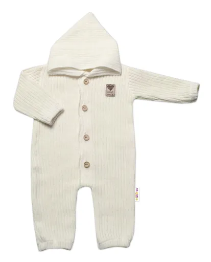 Baby Nellys Pletený overálek s kapucí a knoflíčky Hand Made, ecru, vel. 80/86