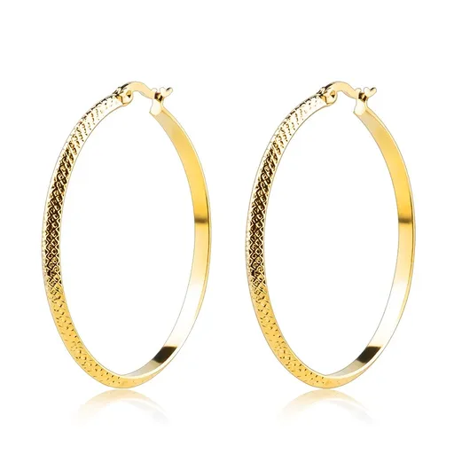 Ocelové náušnice zlaté barvy - kruhy s mřížkovým vzorem, francouzský zámek