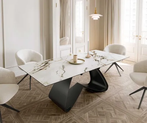 Jídelní stůl Edge 180-220x100 keramika Calacatta Luxe bílá