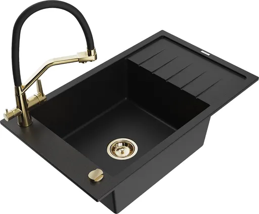 MEXEN/S Elias granitový dřez s odkapávačem včetně baterie Duo, černá 6511-77-671701-57-G