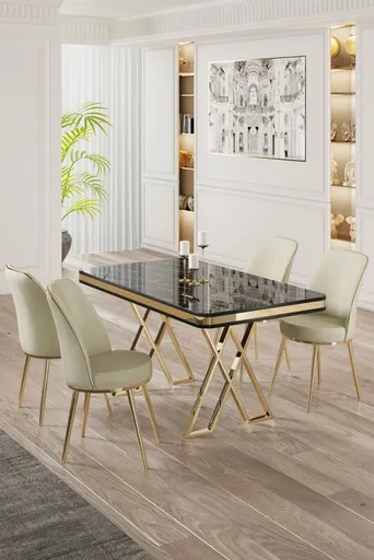Dining Table & Chairs Set (5 Pieces) Vals - Black Marble, Gold, Cream