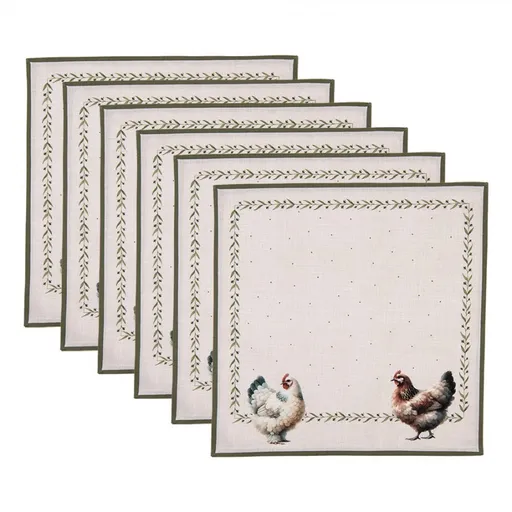6ks béžový ubrousek se slepičkami Barnyard Chicken - 40*40 cm BYC43