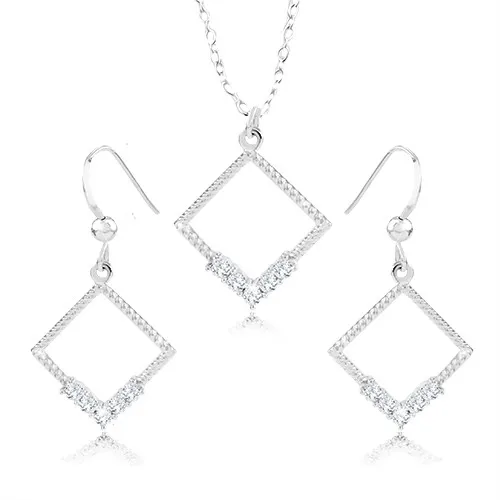 Set náhrdelníku a náušnic - stříbro 925, kontura kosočtverce, čiré zirkony, vroubky