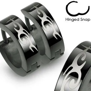 Ocelové černé náušnice s kloubovým zapínáním, motiv Tribal