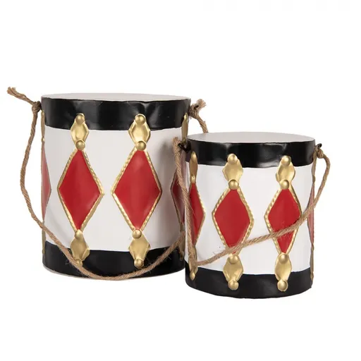 2ks bílo-červená vánoční kovová dekorace buben - Ø 15*38 / Ø 13*29 cm Clayre & Eef