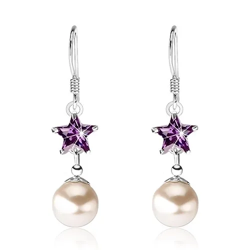 Stříbrné 925 náušnice, fialový zirkon - hvězdička, perla, afro háček