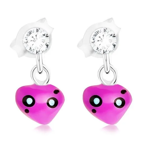 Náušnice - stříbro 925, asymetrické srdíčko ve fialové barvě, krystal Swarovski