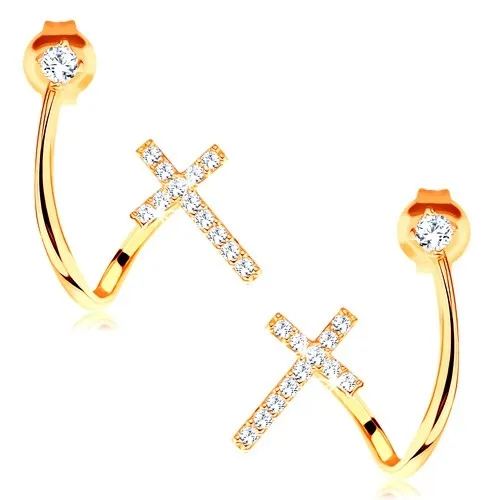 Náušnice ve žlutém 14K zlatě - lesklá zahnutá linie, zirkon a třpytivý křížek