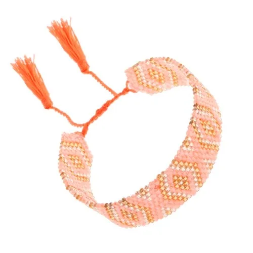 Nastavitelný náramek, korálky, zlatá, stříbrná, světle oranžová barva