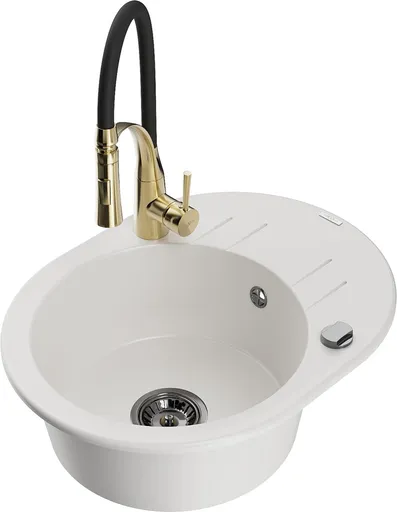 MEXEN/S Kevin granitový dřez s odkapávačem včetně baterie Aster, bílá 6517-20-73450-57-B